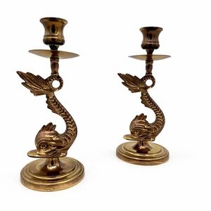Vintage Brass Dolphin Candlestick Holders Pair Patinated Hollywood Regency Decor